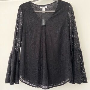 NWT Black Floral Lace Top Size Small Bell Sleeve Whimsigoth Fairygrunge Sheer